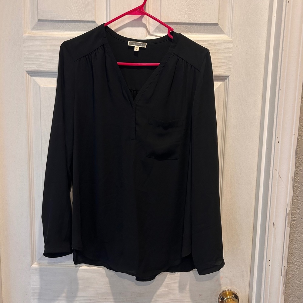 PLEIONE Womens Black Long Sleeve V Neck Pocket Blouse Top Size M Career Business